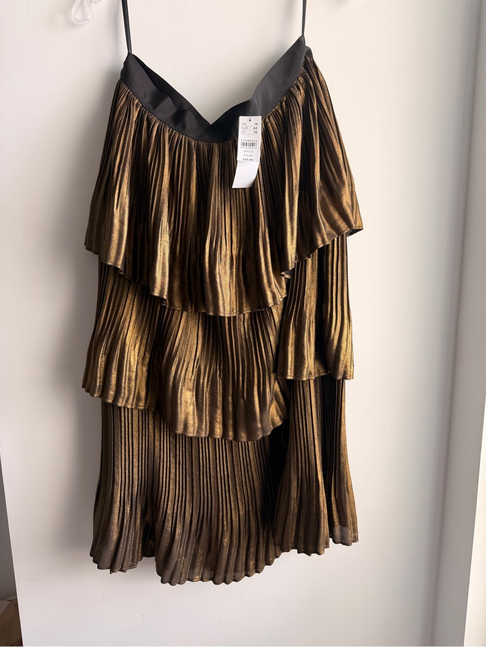 Topshop Metallic Gold Tiered Pleated Skirt with Black Waistband